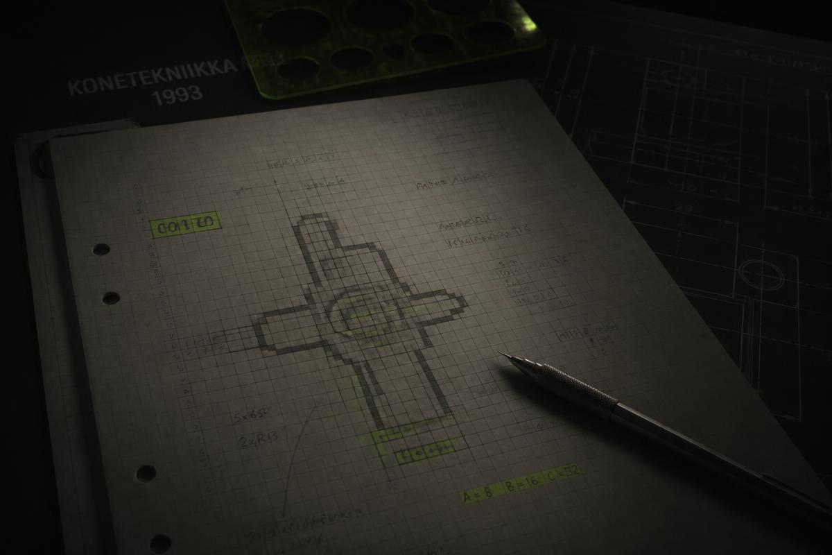 My graph-paper sketches of a pixel grid beside engineering blueprints, lit dramatically