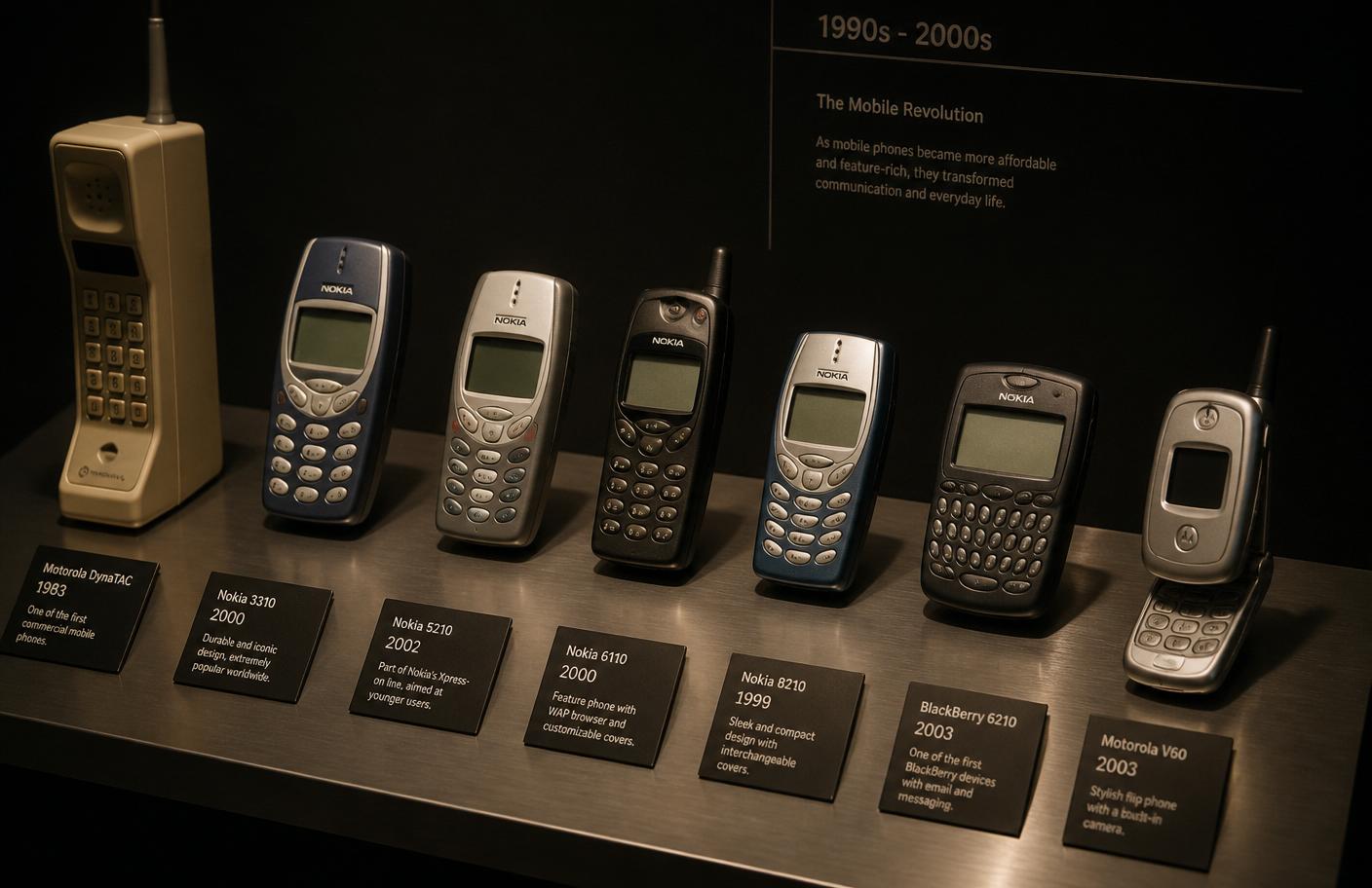 Museum display of 1990s and 2000s mobile phones with exhibit labels